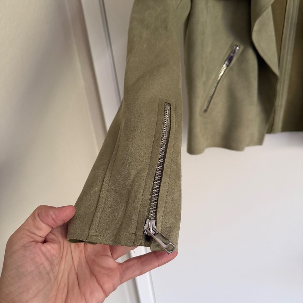 Haute Monde Olive Green Faux Suede Draped Moto Jacket Chic Classy Biker - Picture 4 of 5